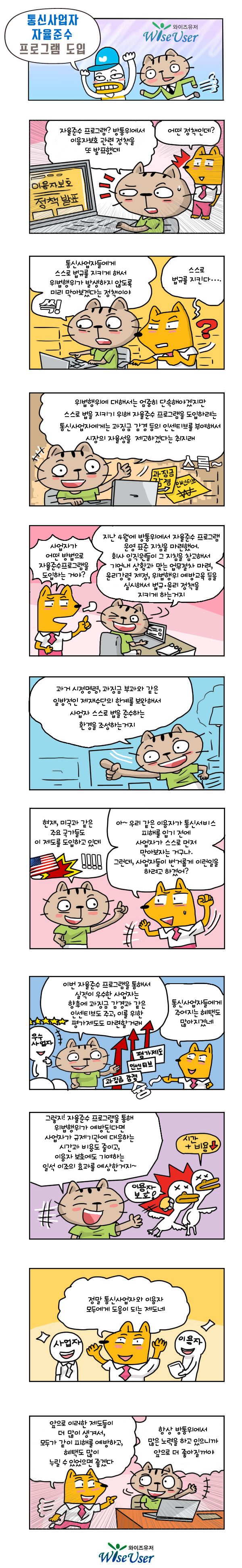 A : (신문을 읽으며) 자율준수 프로그램? 방통위에서 이용자보호 관련      정책을 또 발표했데B :  어떤 정책인데? A : (신문을 가르키며) 통신사업자들이 스스로 법규를 준수하게 유도하여 소 잃고 외양간 고치기 보다는 위법행위가  발생하지 않도록 미리 막아보겠다는 거지B : 스스로 법규를 지킨다….A : 위법행위에 대해서는 엄중이 단속하되 자율준수프로그램을 도입하여 스스로 법을 지키려는 통신사업자에게는 과징금 감경 등 인센티브를 부여하여 시장의 자율성을 제고하겠다는 취지래 B : 기업이 어떤 방법으로 자율준수프로그램을 도입하는 거야?A : 방송통신위원회에서 지난 4월에 자율준수프로그램 운영 표준 지침을 마련     했어. 그것을 참고하여 기업 내 상황에 맞게 회사 임직원들이 법규·윤리      정책을 준수하도록 상세한 업무절차 및  윤리강령 제정, 위법행위 예방을      위한 교육 등을 실시하는 거야A : 결국 시정명령, 과징금 부과 등 과거에 일방적이었던 제제수단의 한계를      보완해서 사업자 스스로 법을 준수하도록 환경을 조성하는 거지 A : 현재, 미국과 같은 주요 국가들도 이 제도를 도입하고 있데B : 아~우리 같은 이용자가 통신서비스 피해를 입기 전에    사업자가 스스로 먼저 막아보자는 거구나. 그런데, 사업자들이 이런 일을    번거롭게 하려고 하겠어? A : 이번 자율준수 프로그램을 통해서 실적이 우수한 사업자는 향후에     과징금 감경 등 인센티브도 주고, 추후에 이 과징금 감경을 위한 평가제도도    마련할거래B : 통신사업자들 입장에서도 혜택을 많이 주고 있네 A : 그렇지.  자율준수 프로그램을 통해 위법행위가 예방되면 사업자가 규제기관     에 대응하는 시간과 비용도 줄이고, 이용자 보호에도 기여하는 일석 이조의      효과를 예상한거지~B : 정말 통신사업자와 이용자 모두에게 도움이 되는 제도네 B : 앞으로 이러한 제도들이 더 많이 생겨서, 모두가 같이 피해를 예방하고,     혜택도 많이 누릴 수 있었으면 좋겠다A : 항상 방통위에서 많은 노력을 하고 있으니까  앞으로 더 좋아질꺼야